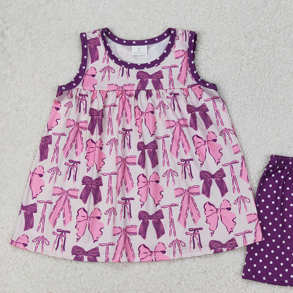 6.24  GSSO2105 RTS NO MOQ Sleeveless purple bow tunic polka dots shorts girls clothes