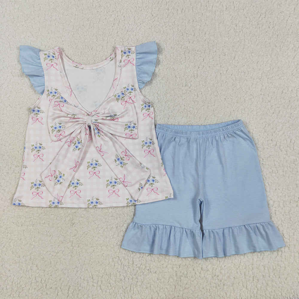 5.17  GSSO1577RTS NO MOQ Baby Girls Summer Outfits Baby Girls Floral Flutter Sleeves Top Blue Short Set