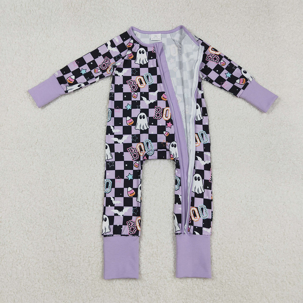 RTS NO MOQ （In stock）LR2541 Baby Girls Winter Rompers Lavender Plaid Boo Ghost Girls Halloween Zipper Romper for Kids Cute Scary Monster Costume Outfit