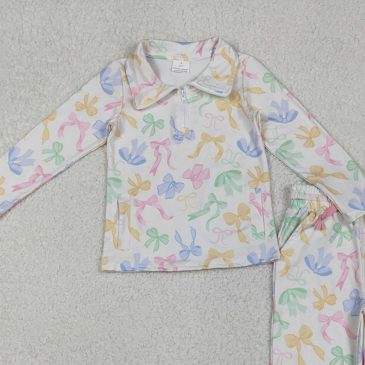 10.29 RTS NO MOQ （In stock）GLP2886 Baby Girls Colorful Bows Pockets Zipper Pullover Jogger Pants Clothes Sets