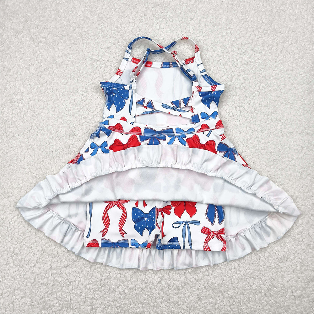 6.21 GSD2345 RTS NO MOQ Baby Girls Summer Yoga Dress Baby Girls Strap Blue Red Bows 4th Of July Yoga Active Knee Length Dresses