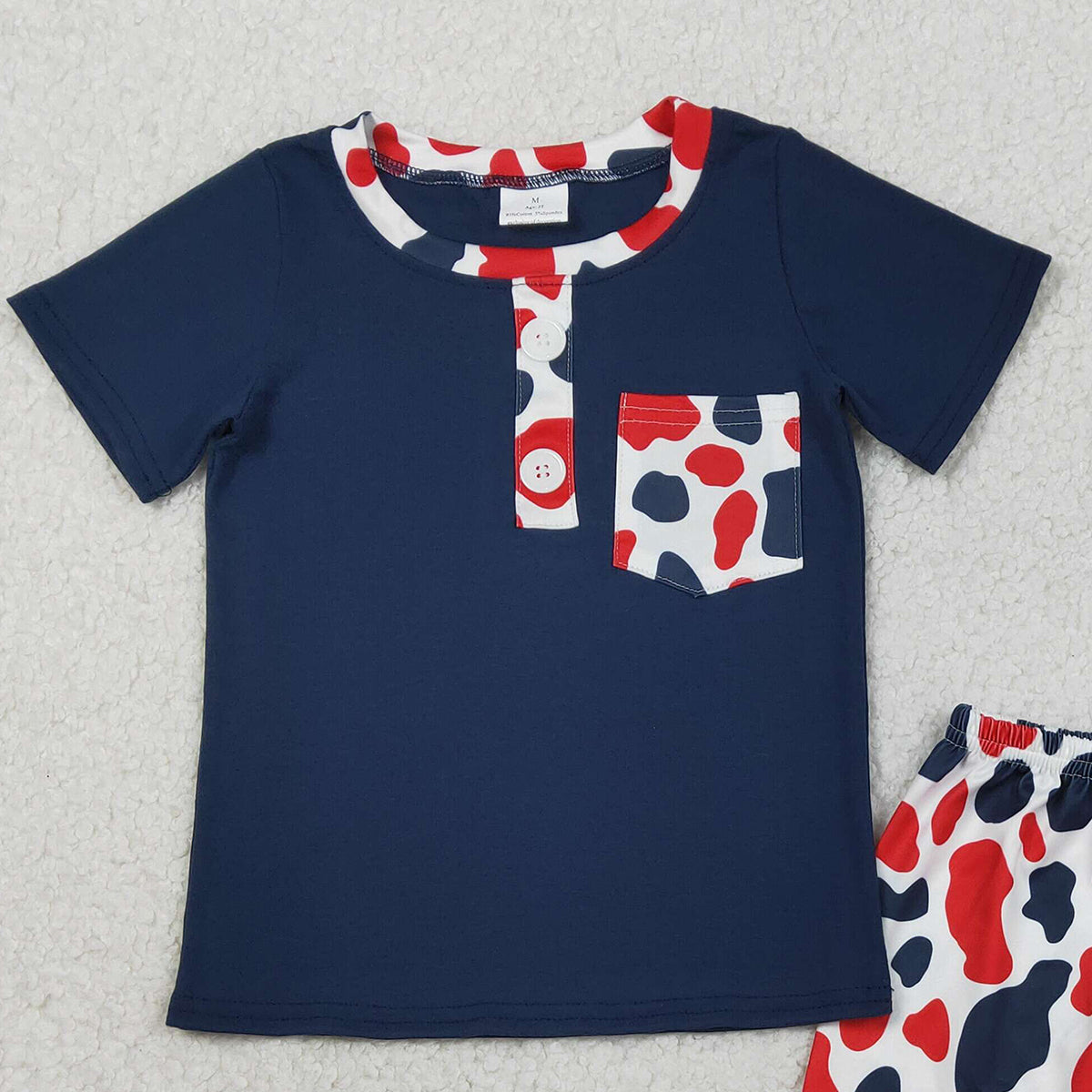1.27 RTS NO MOQ （In stock）BSSO1783 Baby Boys Red Blue Cow Print Pocket Button Top Shorts 4th of July Clothes Sets