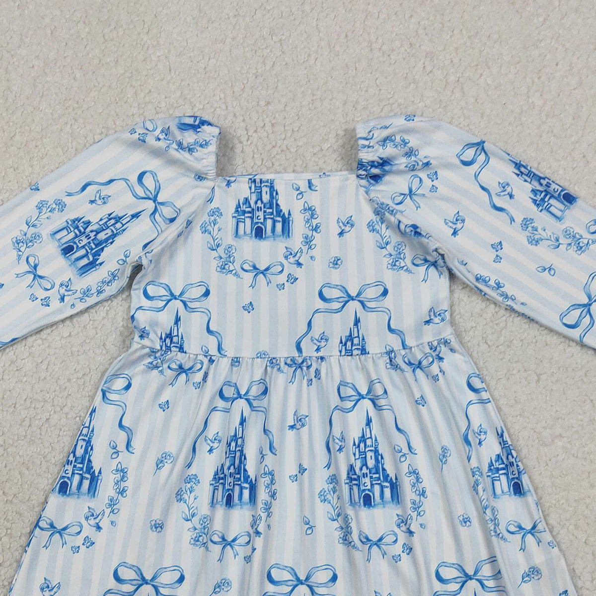 1.20 RTS NO MOQ （In stock）GLD1567 Baby Girls Winter Dress Baby Girls Blue Stripe Bows Castles Knee Length Dresses