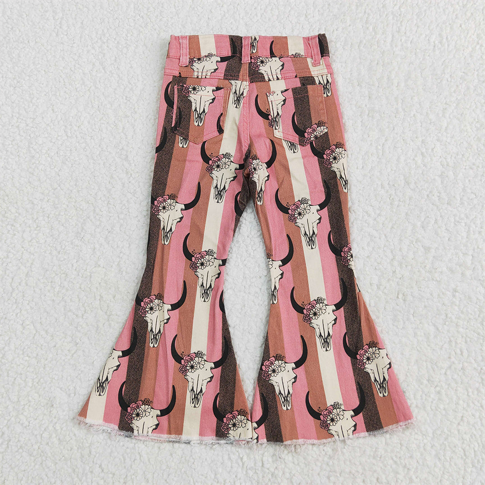 P0437RTS NO MOQ Baby Girls Denim Pants  Baby Girls Aztec Western Cow Skull Bell Flare Denim Pants