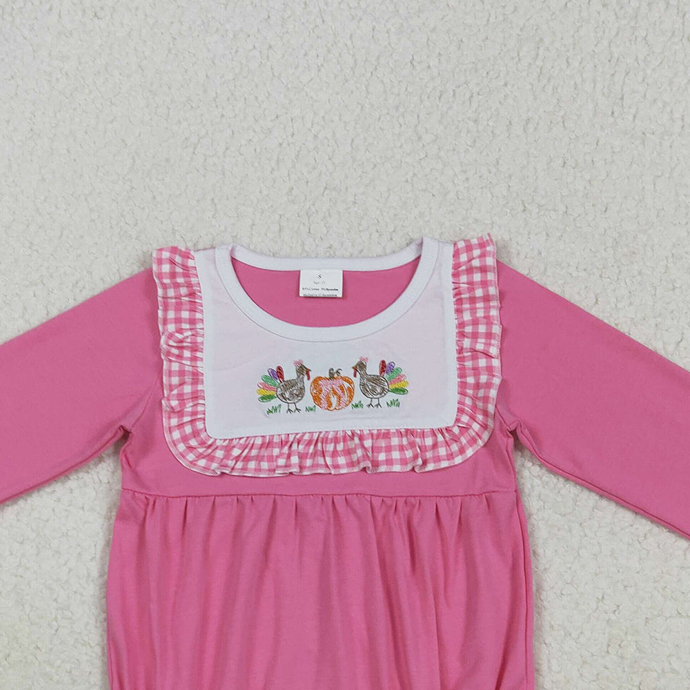 RTS NO MOQ （In stock）LR2287 Baby Girls Winter Rompers Baby Girls Pink Thanksgiving Turkey Pumpkins Ruffle Rompers