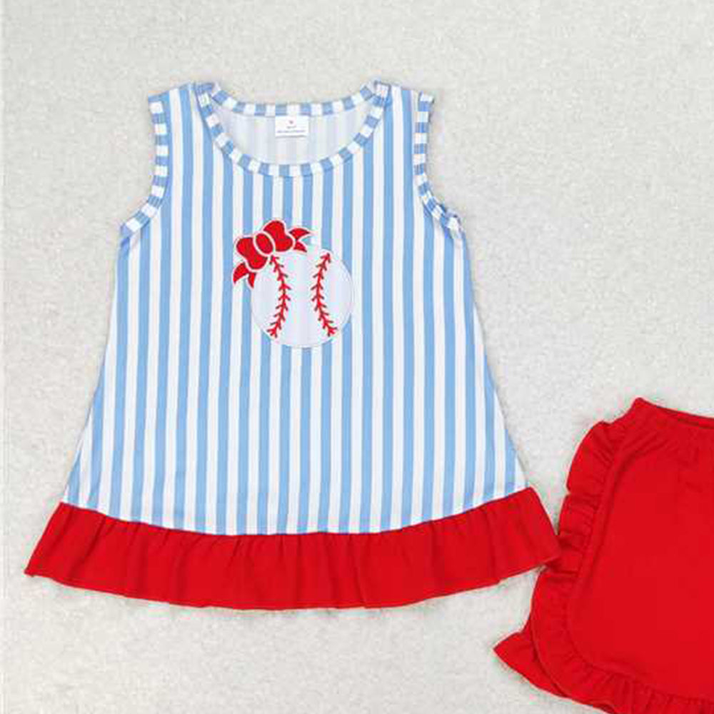 5.16  GSSO1019 RTS NO MOQ Stripe baseball bow top ruffle shorts girls clothes