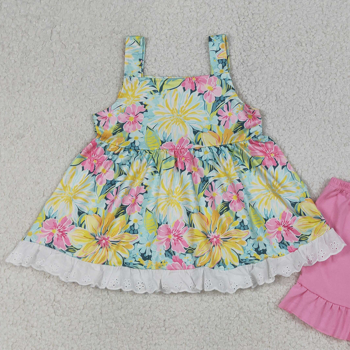4.3 GSSO3034 RTS NO MOQ （In stock ）Sleeveless floral tunic pink ruffle shorts girls outfits