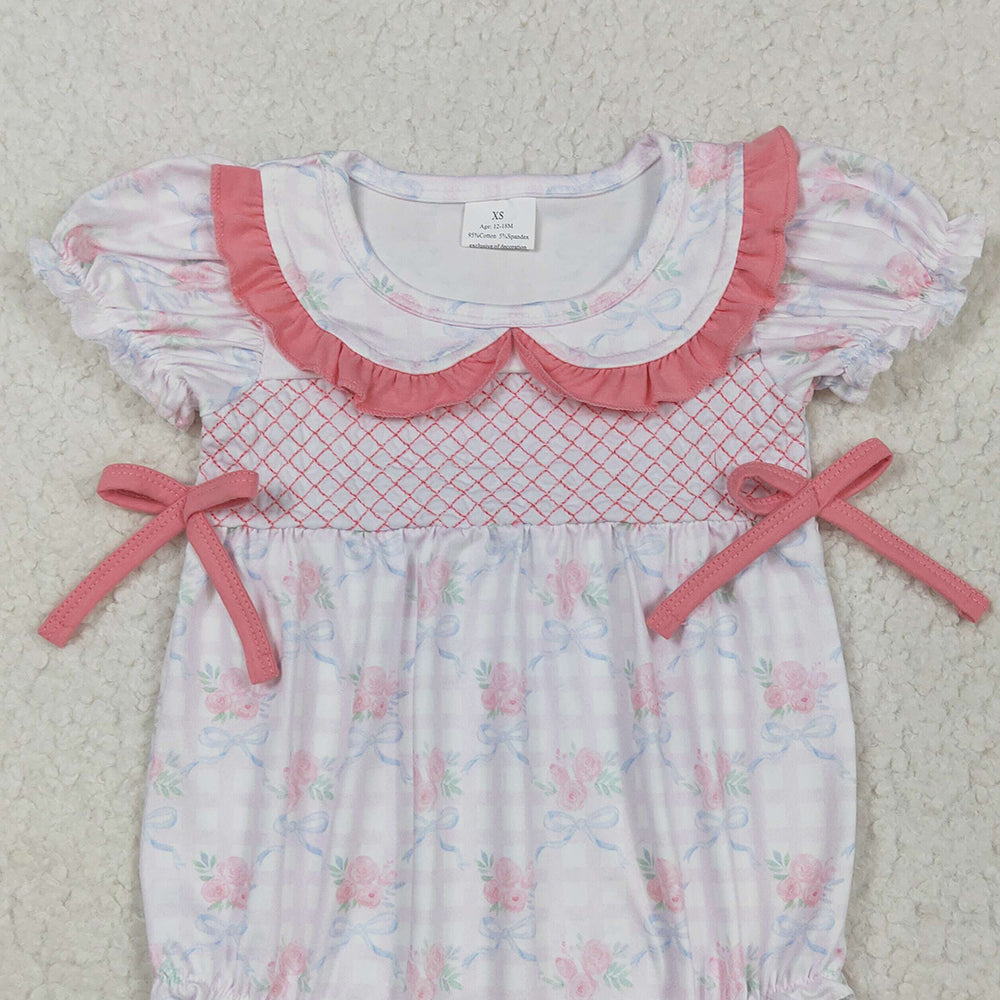 6.10 SR2917 RTS NO MOQ Baby Girls Summer Rompers EmbroideryShort sleeves floral bow plaid baby girls summer romper