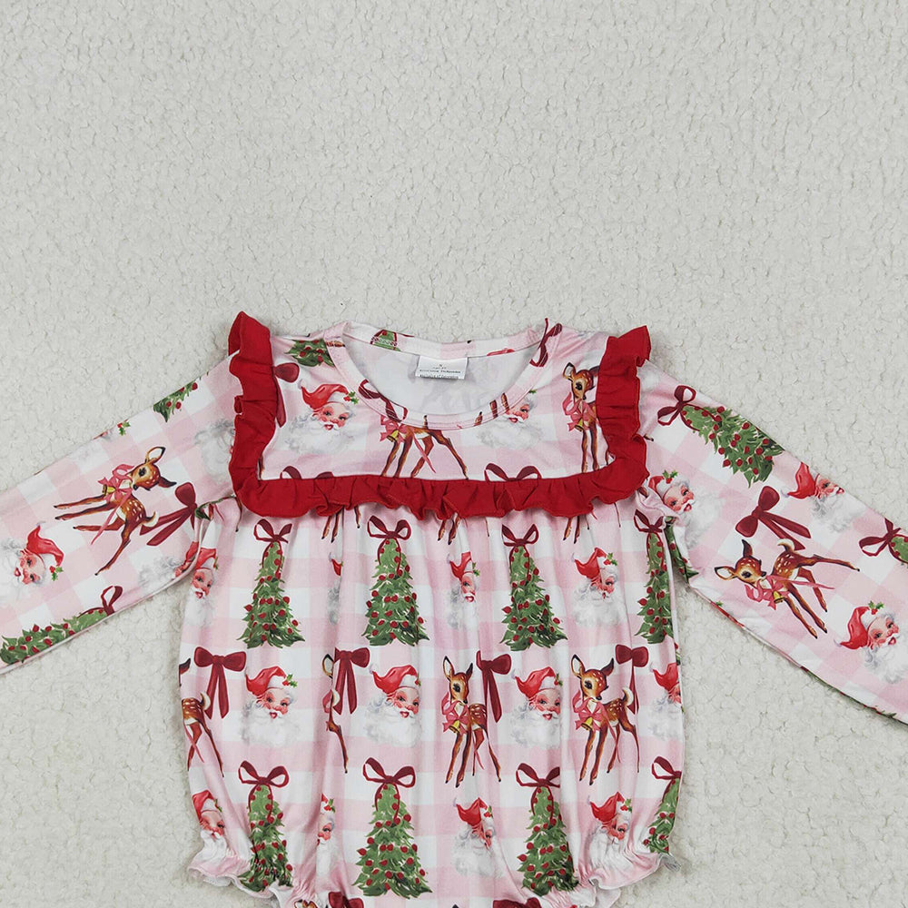 LR2274 RTS NO MOQ Baby Girls Winter Rompers Baby Girls Long Sleeves Pink Plaid Santa Trees Ruffle Rompers