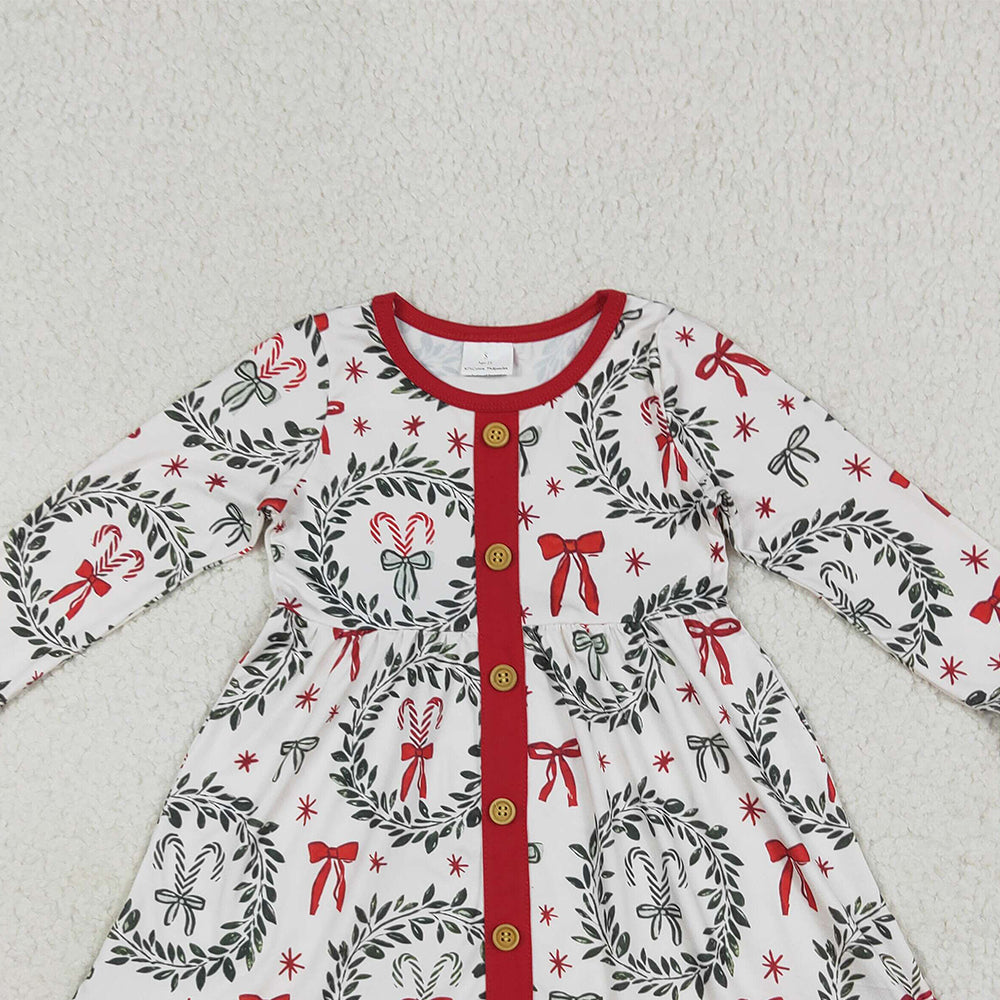 8.15 GLD1082 RTS NO MOQ Baby Girls Winter Dress Baby Girls Long Ruffle Sleeves Green Red Bows Button Knee Length Dresses