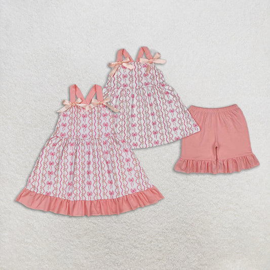 4.26 RTS NO MOQ Girls Pink Straps Floral Bow Tunic Ruffle Shorts Set Cute Casual Clothing Outfit for Kids