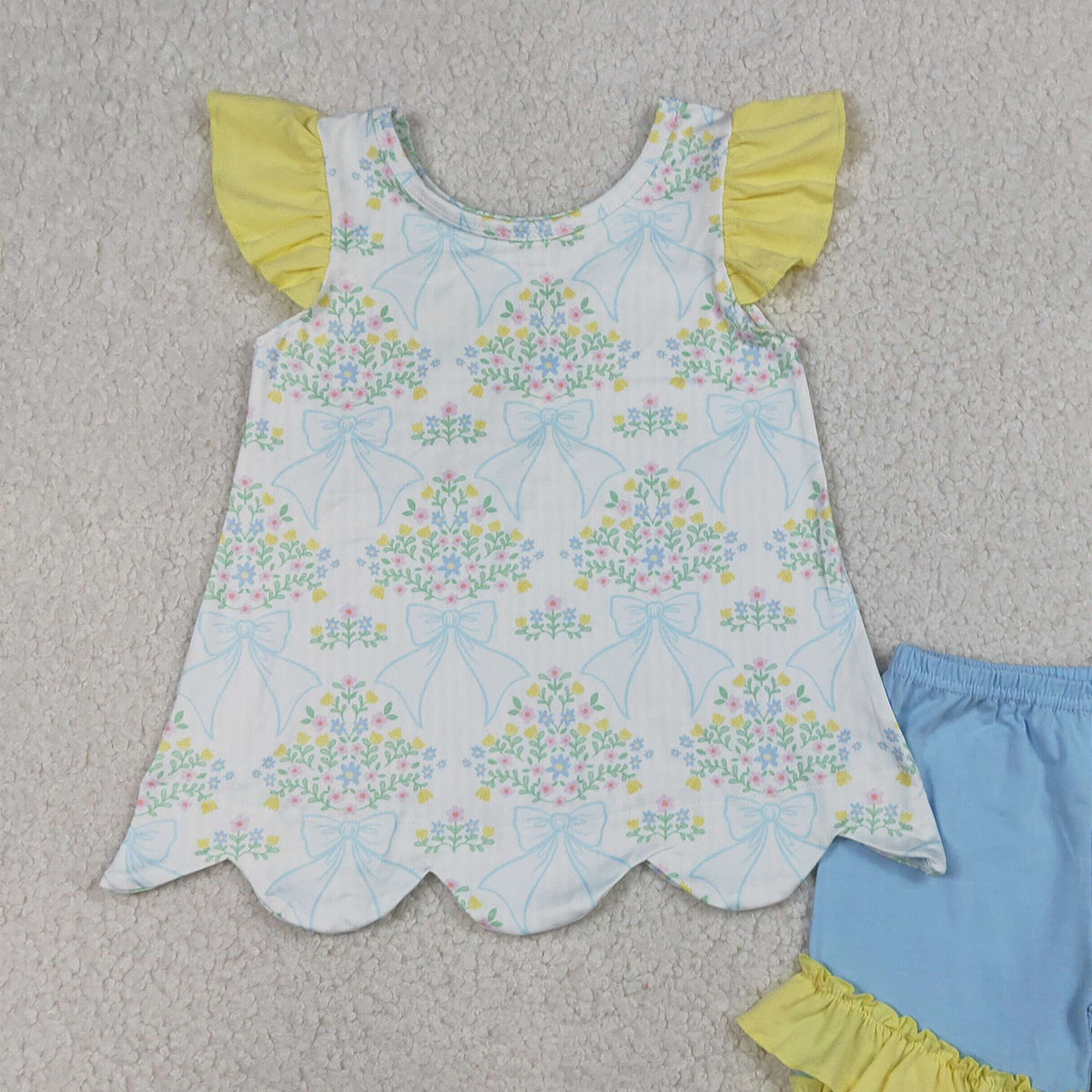 3.20 RTS NO MOQ （In stock）GSSO2767 Kids Clothing for Baby Girls Flutter Sleeve  Bow Flowers Checked Scallop Tunic Ruffle Shorts Clothes Sets