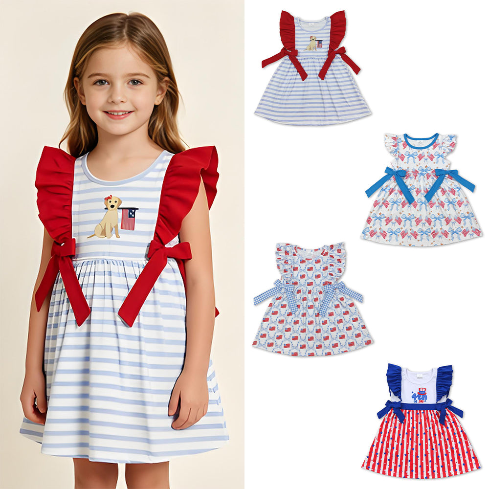 RTS Sibling Flutter sleeves flag bow girls 4th of july dresses