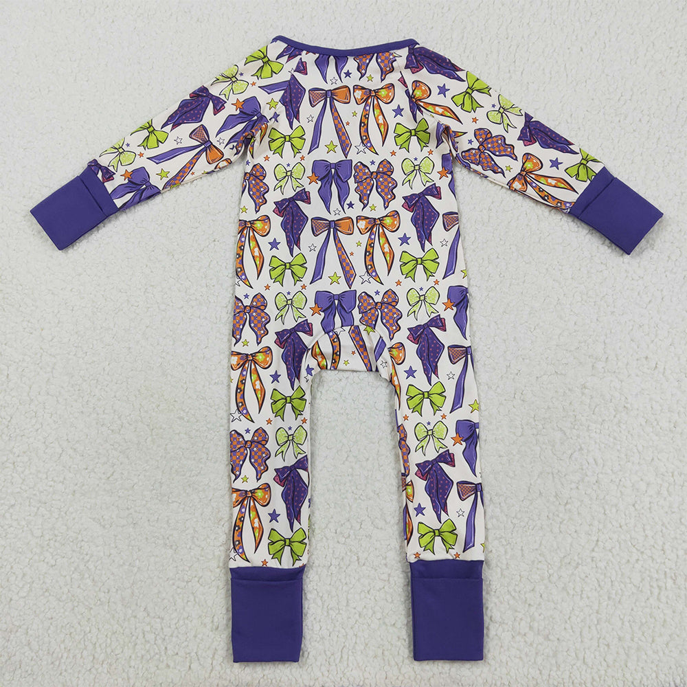 8.20 RTS NO MOQ （In stock）LR2403 Baby Girls Winter Rompers Baby Girls Long Sleeves Purple Bows Zipper Footie Rompers