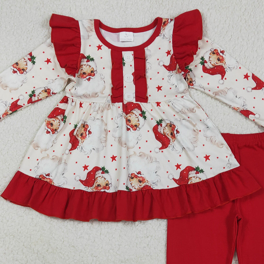 RTS NO MOQ （In stock）GLP2558 Baby Girls Winter Outfits Baby Girls Long Sleeves Santa Stars Button Tunic Legging Pant Set