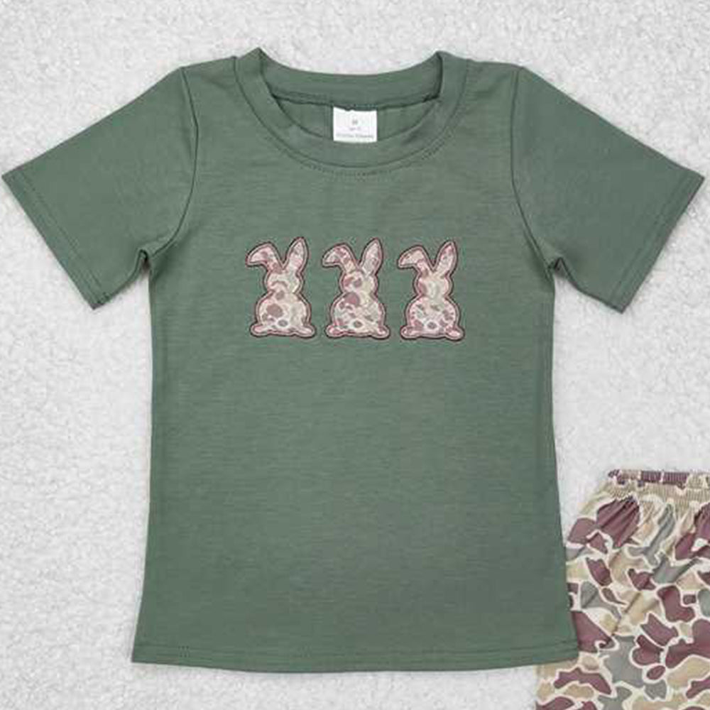 BSSO1004New Rts No Moq 8-9 Days By Air Arrived it Boys Camouflage Bunny Short Sleeve Top with Camouflage Shorts Easter Themed Outfit Set for Kids