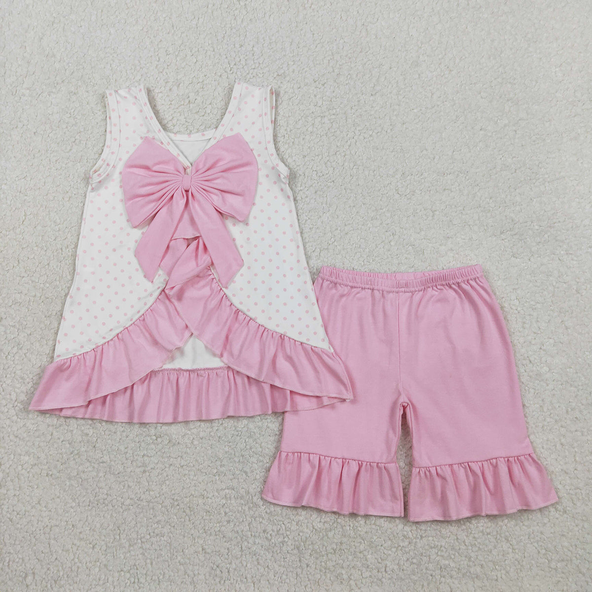 1.26 RTS NO MOQ （In stock）GSSO2884 Embroidery Golf Trucks Baby Girls Polka Dots Back Bow Tunic Ruffle Short Clothes Sets