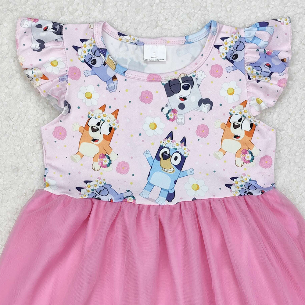 GSD1789Kids Girls Pink Floral Tulle Dress with Flutter Sleeves Dog Pattern Cute Children's Party Wear