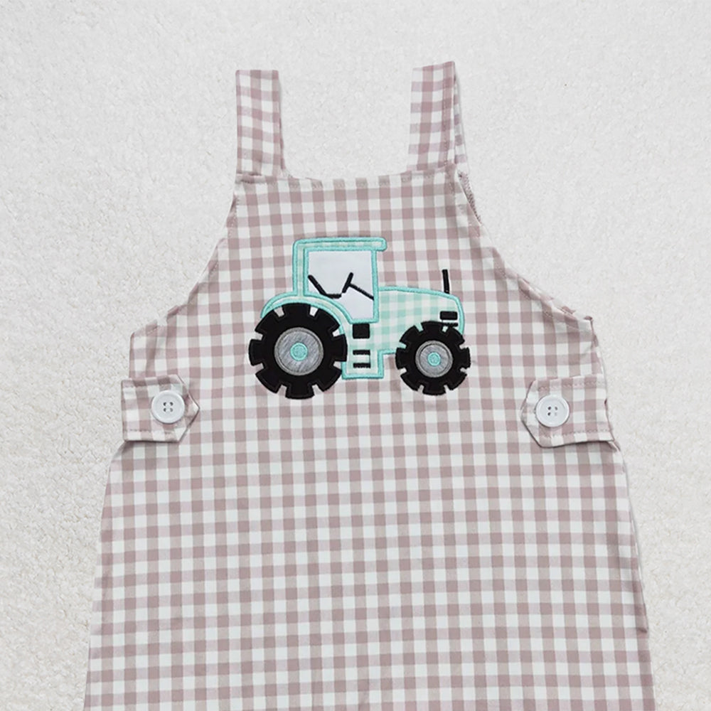 SR0631 RTS NO MOQ Baby Boys Summer Rompers Baby Infant Boys Straps Tractor Khaki Chekered Summer Farm Rompers