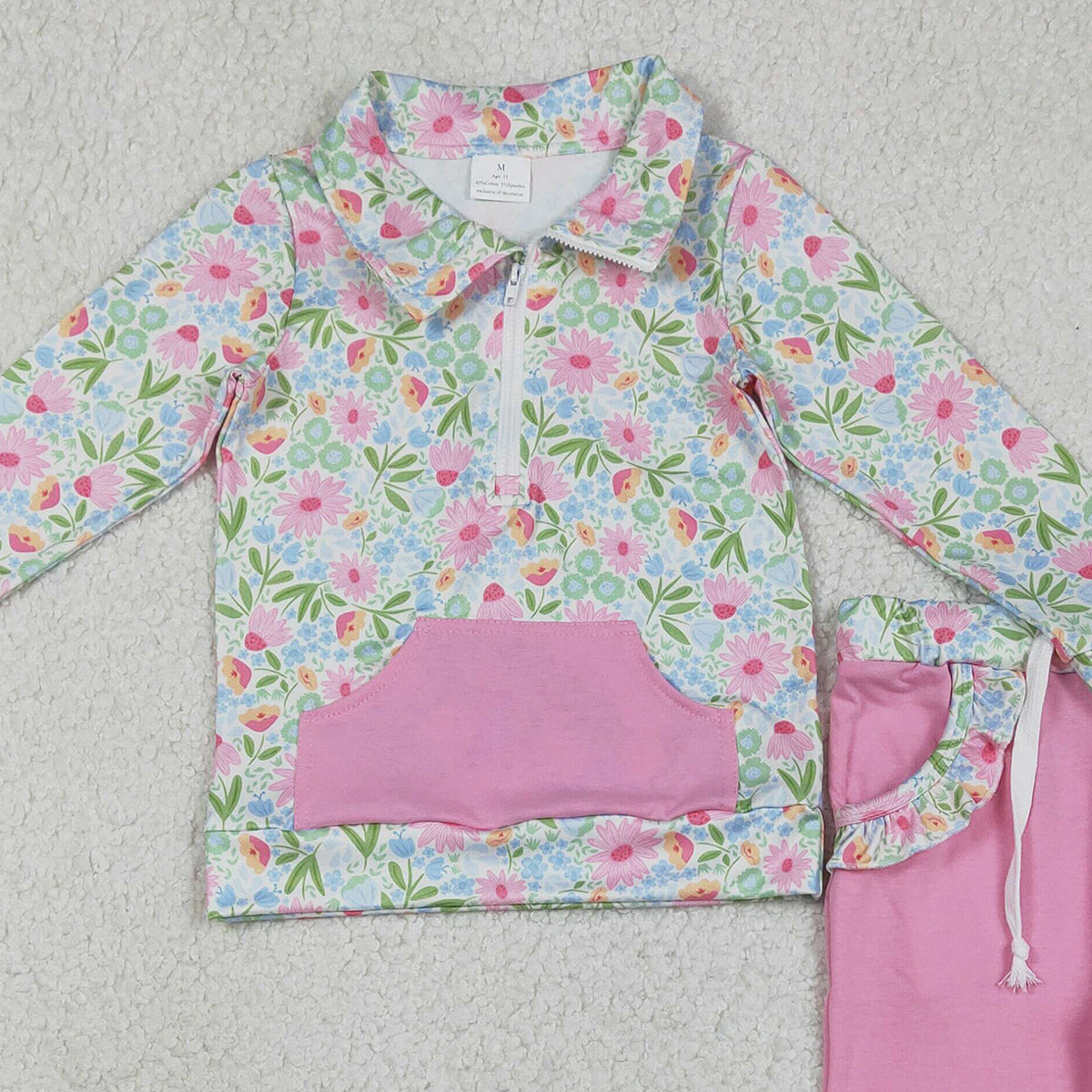 1.7 RTS NO MOQ （In stock）GLP3282 Baby Girls Colorful Flowers Zip Pocket Pullovers Jogger Pants Clothes Sets