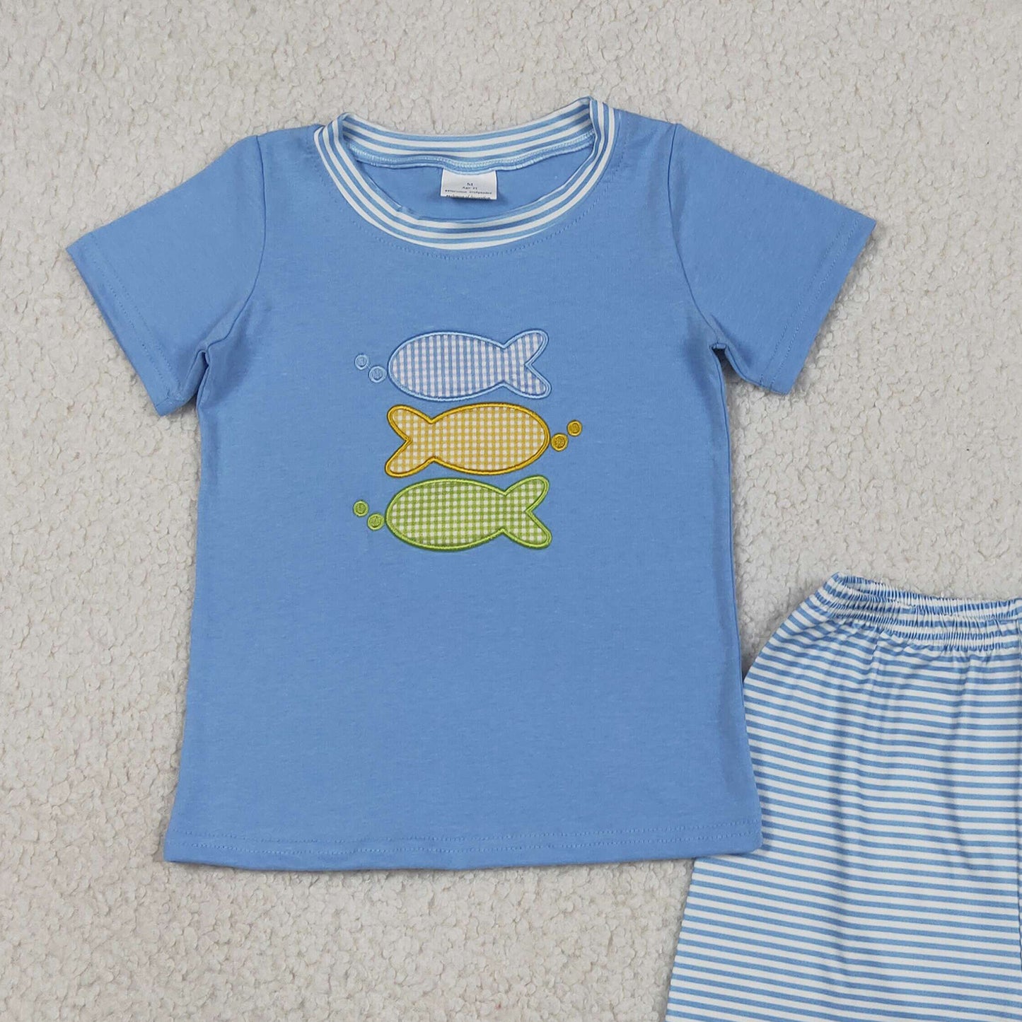 BSSO1905 RTS NO MOQ （In stock ）Short sleeves fish top plaid shorts kids boys outfits