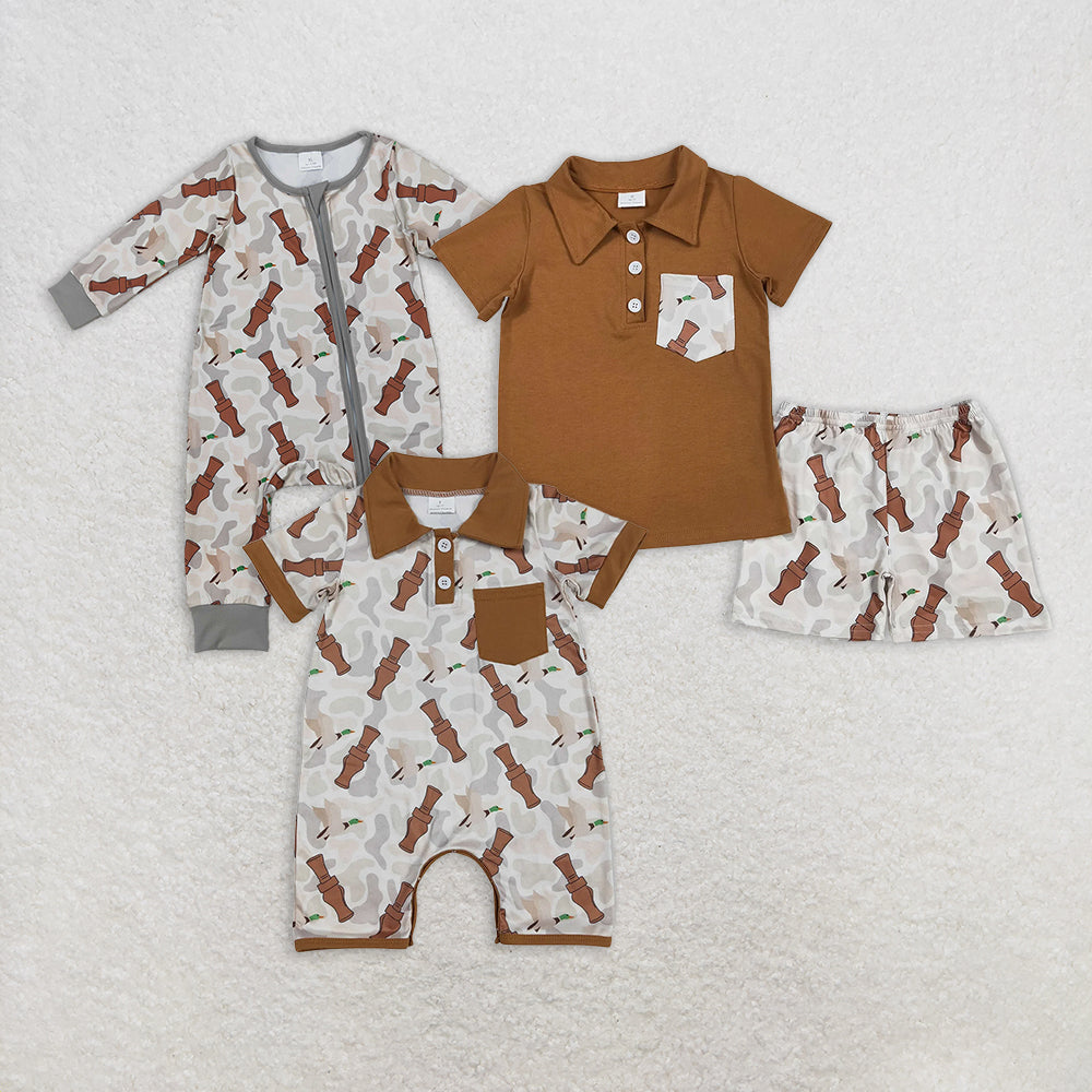 7.14  RTS NO MOQ Short sleeves polo shirt camo duck call shorts boys clothes rompers