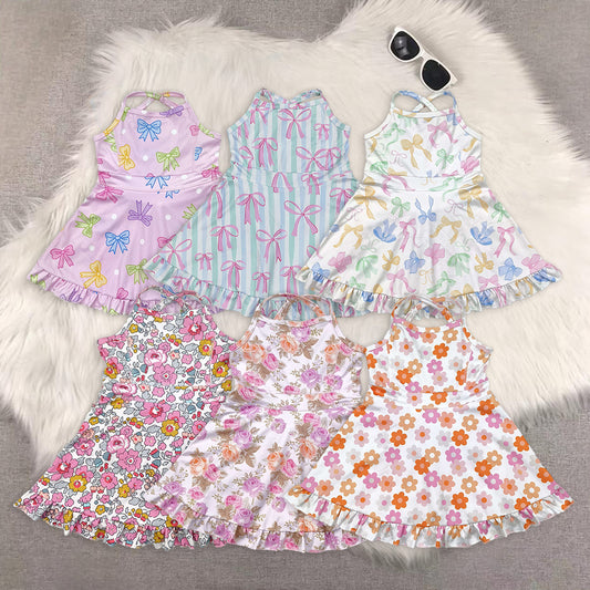 8.18  Sibling Baby Girls Summer Yoga Dress Straps pink yellow floral ruffle kids girls athletic dresses
