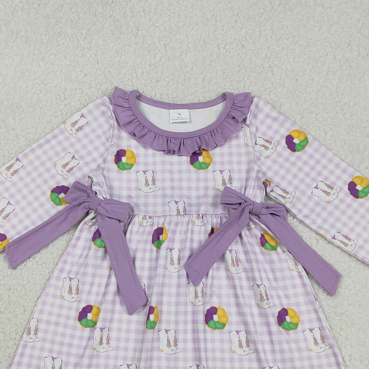 12.12 RTS NO MOQ （In stock）GLD1379 Baby Girls Winter Dress Baby Girls Purple Checked Boots Donuts Bows Mardigras Knee Length Dresses