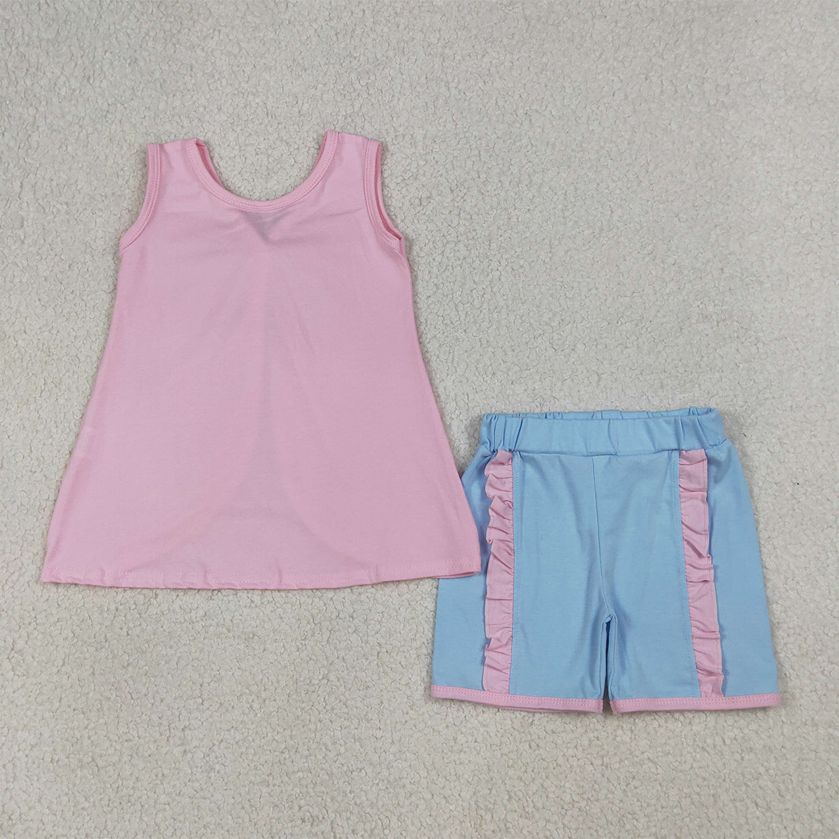 4.1 RTS NO MOQ （In stock）GSSO3462 Sleeveless bow pink tunic light blue shorts girls summer outfits