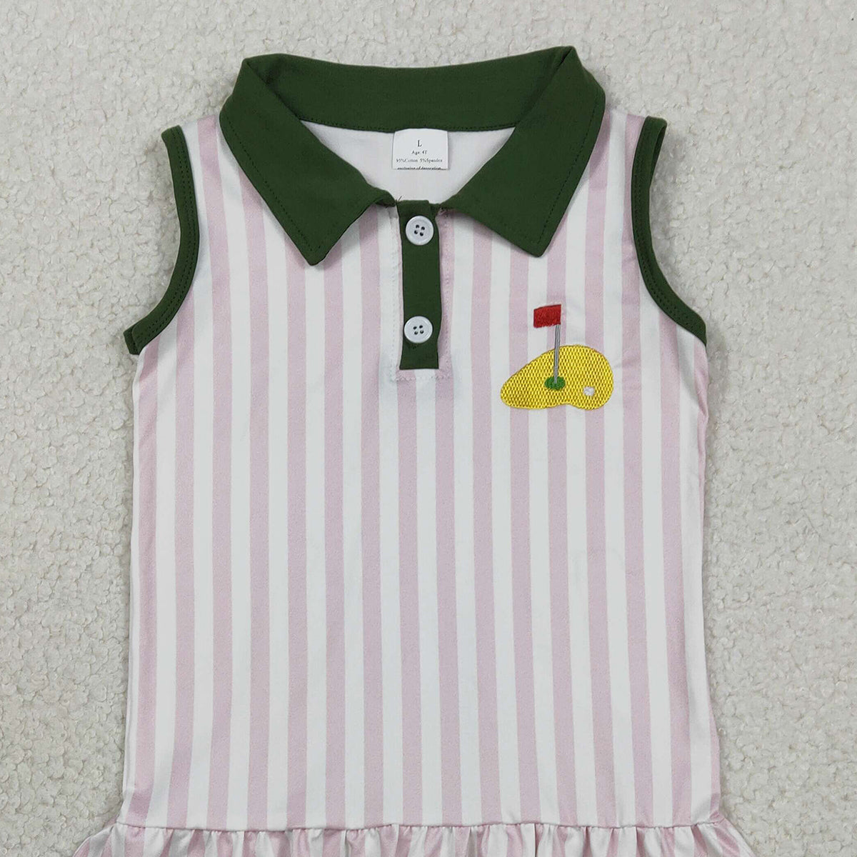 1.24 RTS NO MOQ （In stock）GSD3142 Embroidery Golf Flags Baby Girls Pink Stripe Button Knee Length Dresses