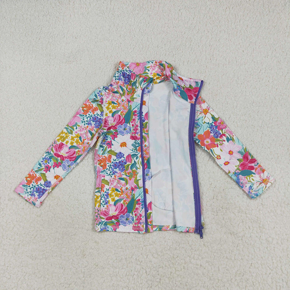 RTS NO MOQ （In stock）GT1061 Baby Girls  Yoga Tops Baby Girls Long Sleeves Pink Lavender Floral Pockets Zipper Yoga Jackets