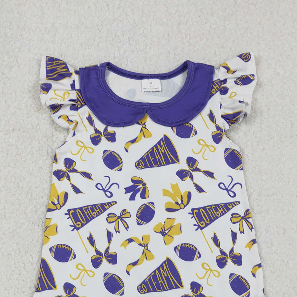 RTS NO MOQ （In stock）GSD2784 Baby Girls Summer Dress Flutter Sleeves Purple Cheer Bows Team Knee Length Dresses