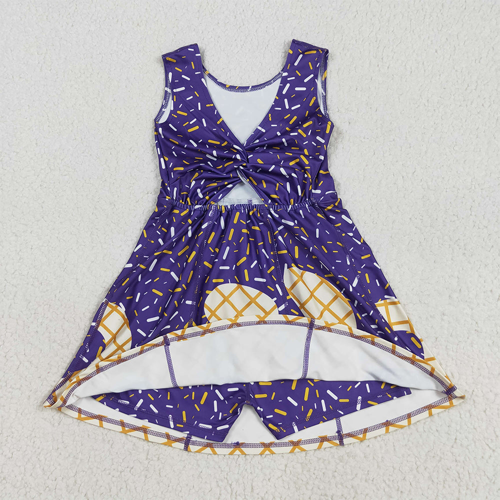 RTS NO MOQ （In stock）GSD2752 Baby Girls Summer Yoga Dress Baby Girls Purple Drip Sleeveless Shorts Team Yoga Active Knee Length Dresses
