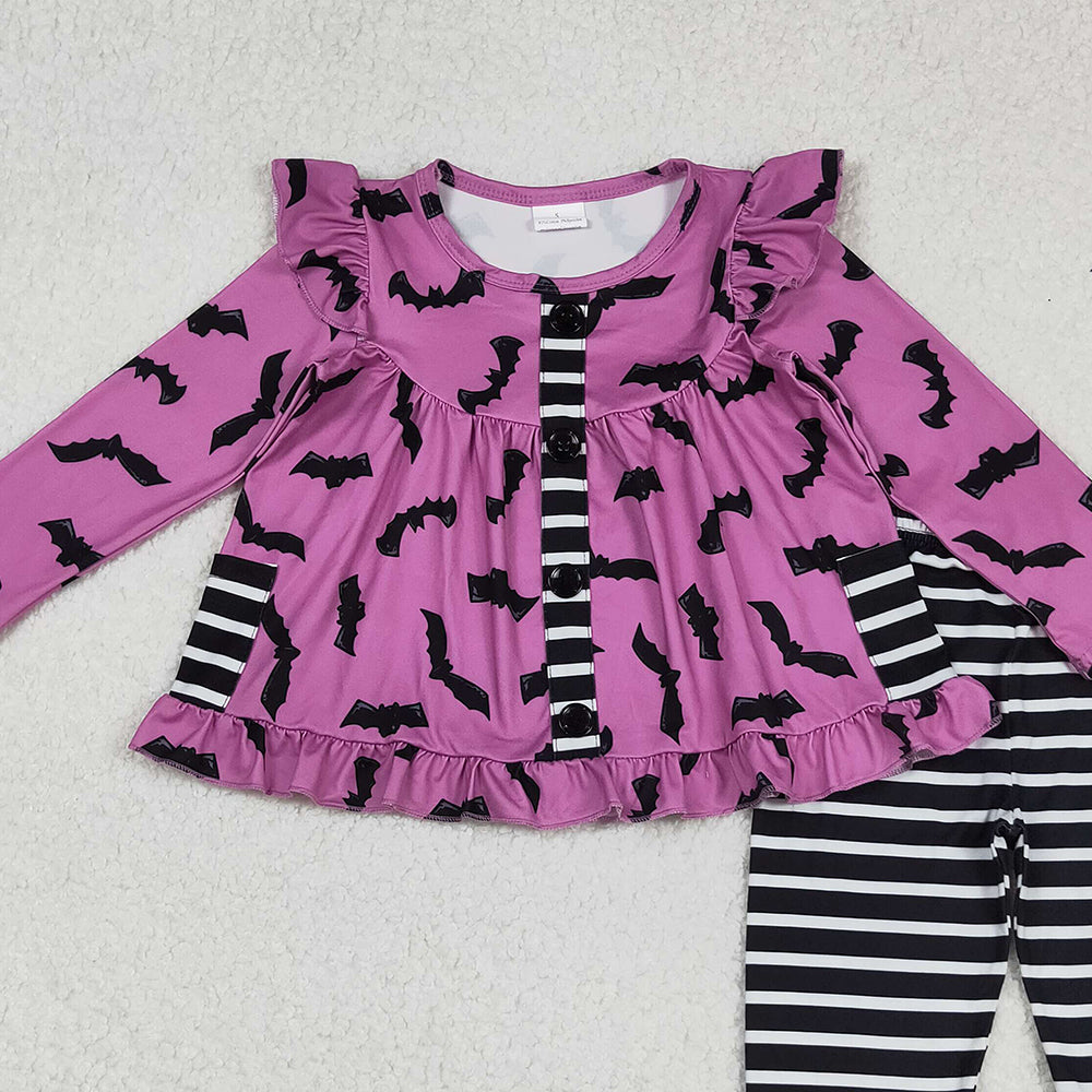 RTS NO MOQ （In stock）GLP2693 Baby Girls Winter Outfits Halloween Bat Pockets Tunic Stripe Leggings Set Cute Costume Outfit for Kids