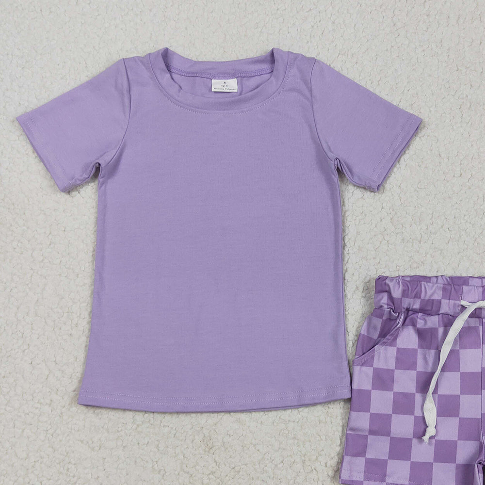 7.15  GSSO2524RTS NO MOQ Baby Girls Summer Outfits Baby Girls Lavender Short Sleeves Top Plaid Short Set