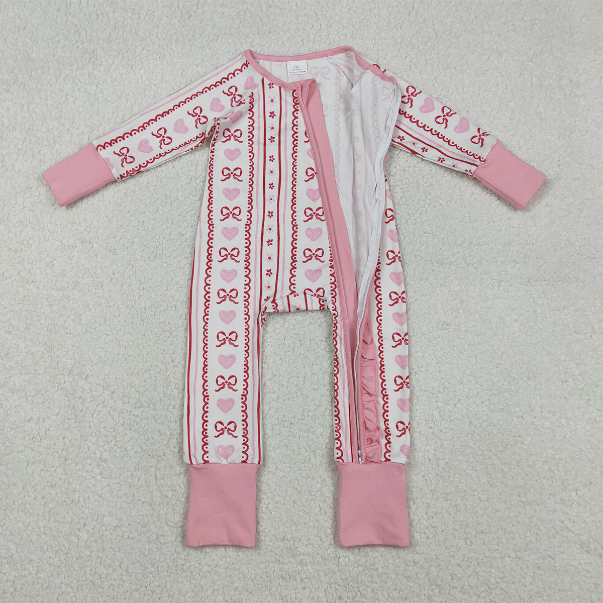 11.18 RTS NO MOQ （In stock）LR2781 Baby Girls Winter Rompers Baby Girls Pink Bows Hearst Stripe Valentines Two Way Ruffle Zip Convertible Rompers