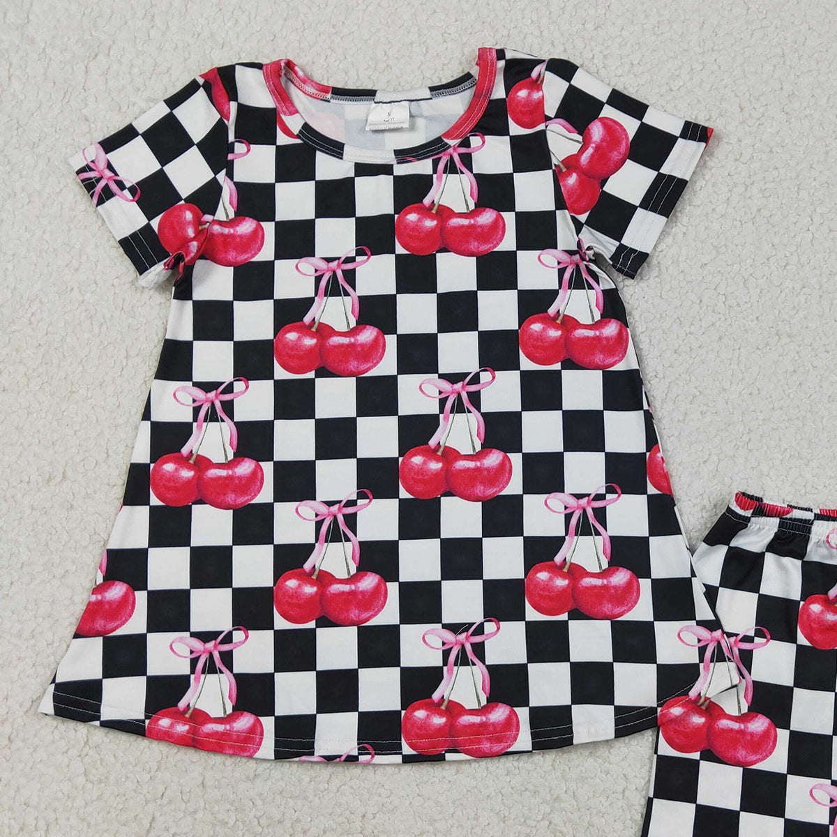 GSSO3075 RTS NO MOQ （In stock Short sleeves black plaid cherry top shorts girls outfits