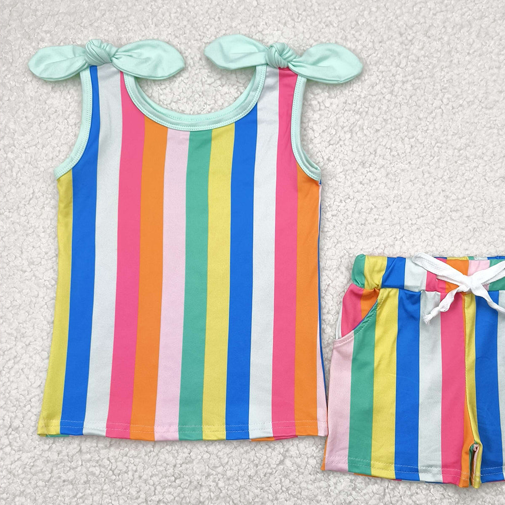 6.26  GSSO2540 RTS NO MOQ Baby Girls Summer Outfits baby girls clothes colorful striped flying sleeve shorts set