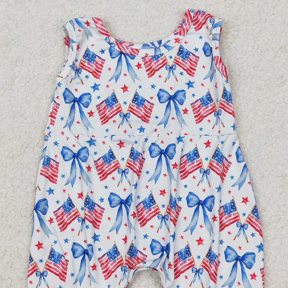 4.24 SR2681 RTS NO MOQ Sleeveless flag bow baby girls 4th of july romper