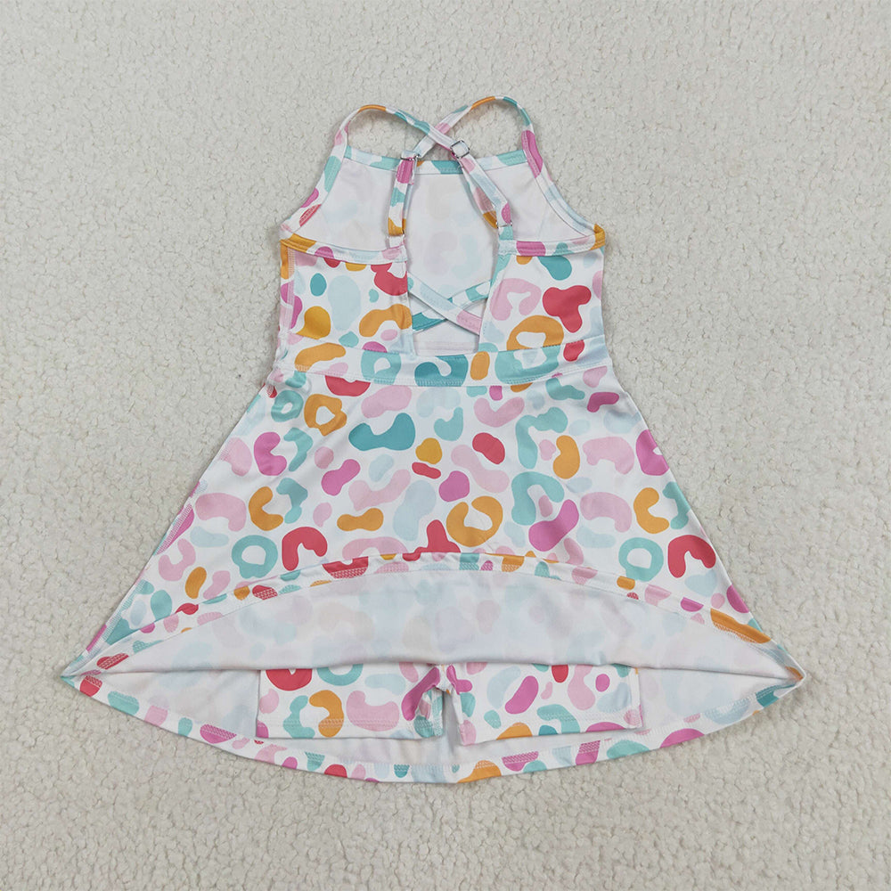 8.20 RTS NO MOQ （In stock）GSD2645 Baby Girls Summer Yoga Dress Baby Girls Strap Pink Green Leopard Shorts Knee Length Dresses