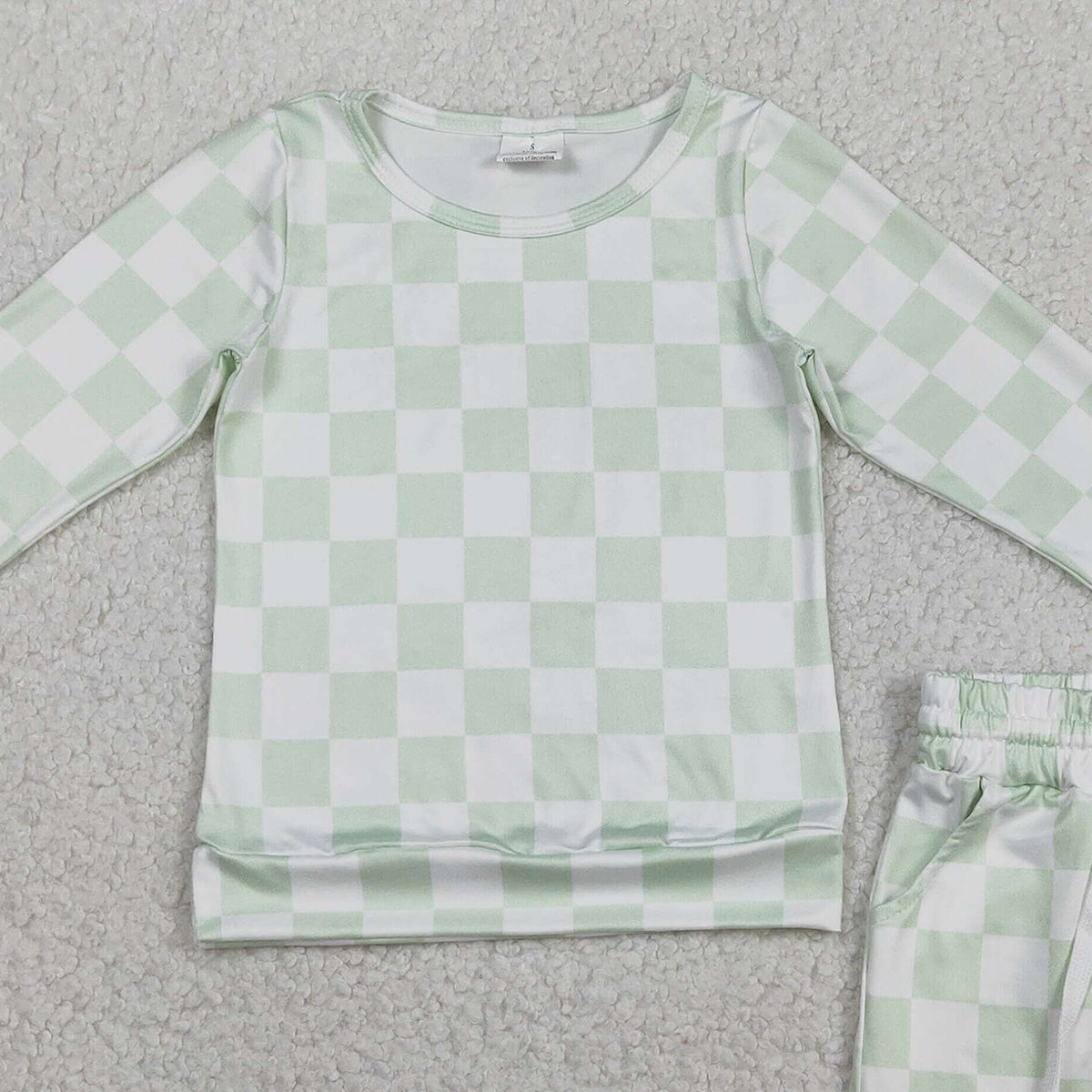 2.6 RTS NO MOQ （In stock）GLS0086 Baby Girls Light Green Checked Long Sleeve Top Pockets Shorts Clothes Sets