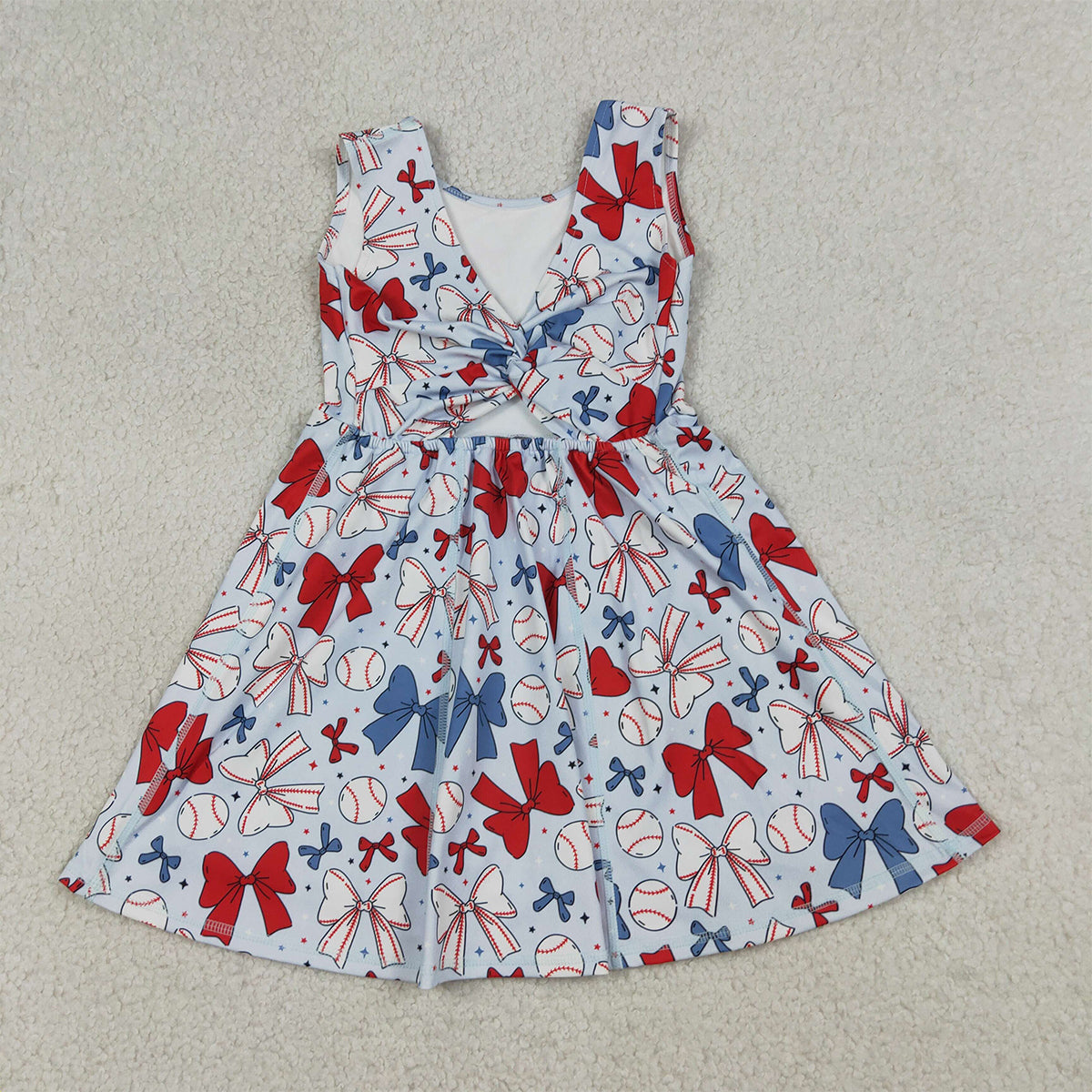 4.8 GSD2150 RTS NO MOQ （In stock) Sleeveless red blue bow baseball kids girls athletic dresses