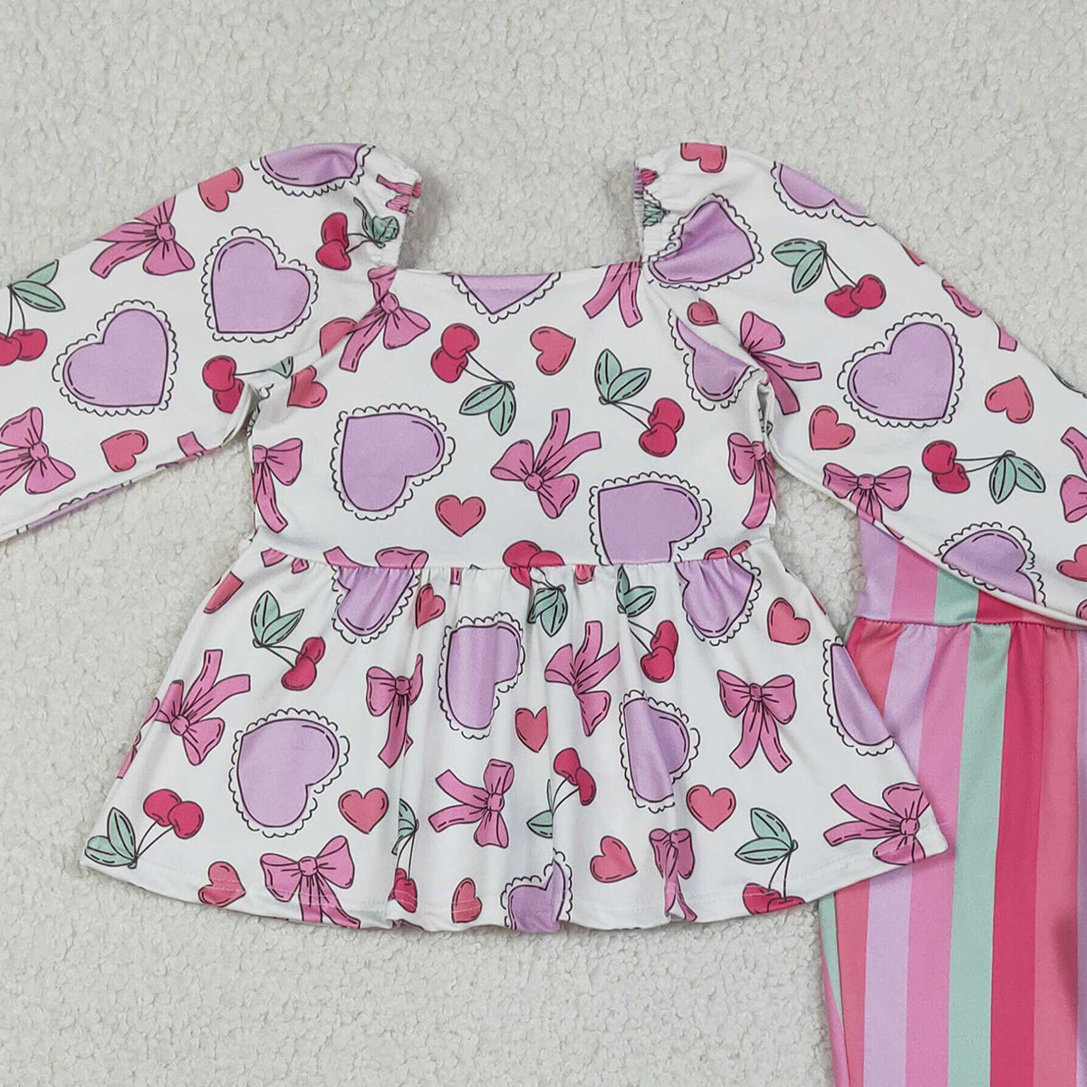 12.13 RTS NO MOQ （In stock）GLP3119 Baby Girls Colorful Hearts Tunic Stripe Bell Bottom Pant Valentines Clothes Sets