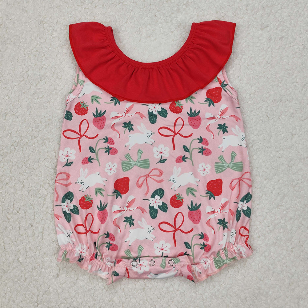 6.03  SR2582 New Rts No Moq 8-9 Days By Air Arrived it Sleeveless ruffle strawberry rabbit bow girls Easter romper