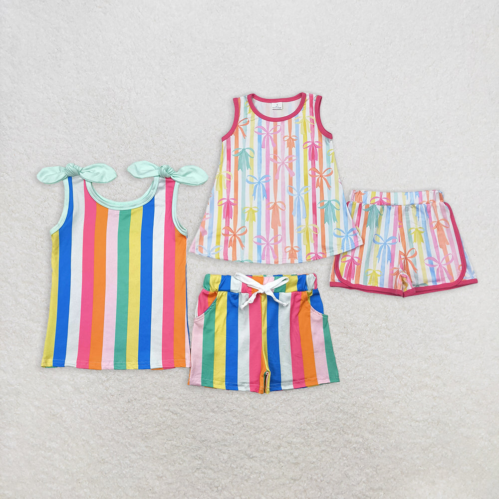 6.24 RTS NO MOQ Baby Girls Summer Outfits Sleeveless colorful stripe top shorts girls clothing set