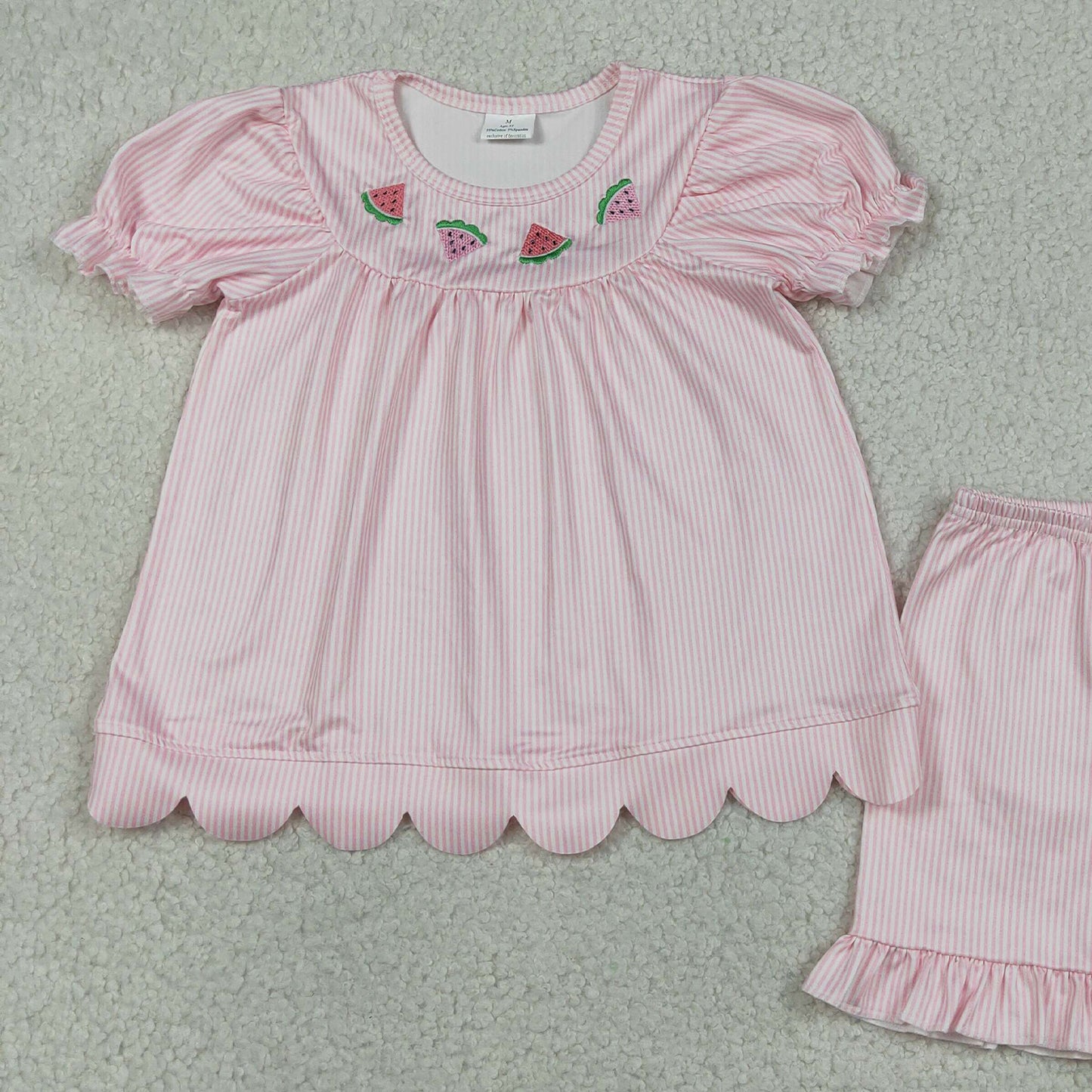 GSSO3239 RTS NO MOQ （In stock ）pink stripe watermelon embroidery scallop girls outfits