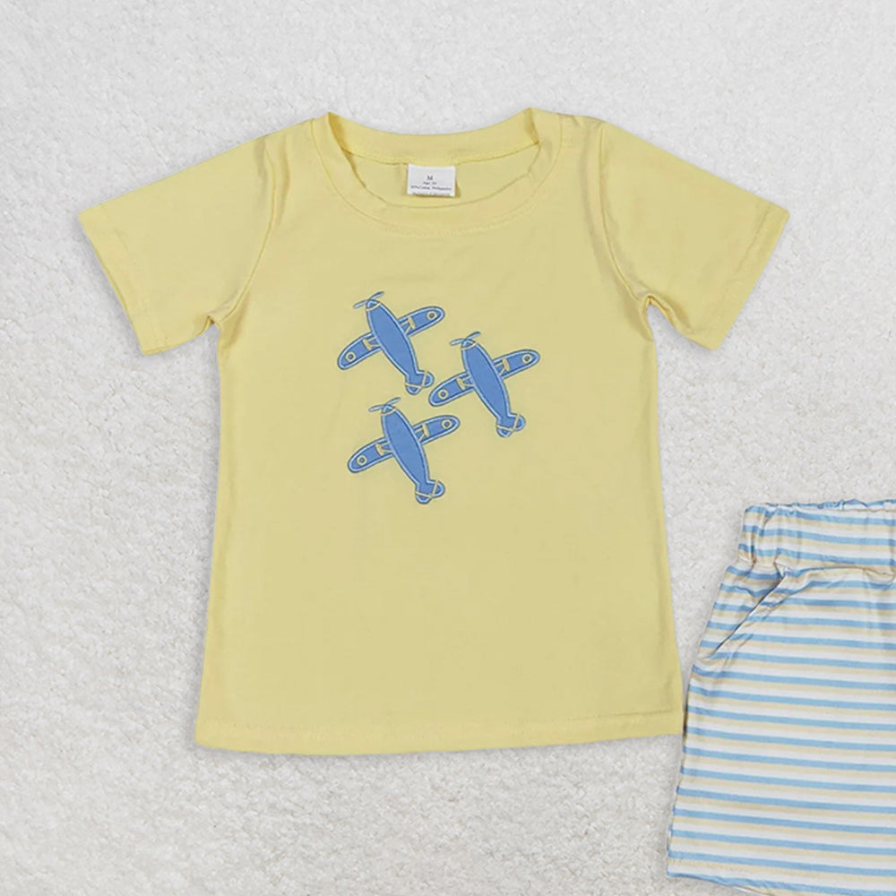 BSSO0696 RTS NO MOQ Baby Boys Summer Boys Outfits  Baby Boys Planes Short Sleeve Tee Shirts Stripes Shorts Clothes Sets