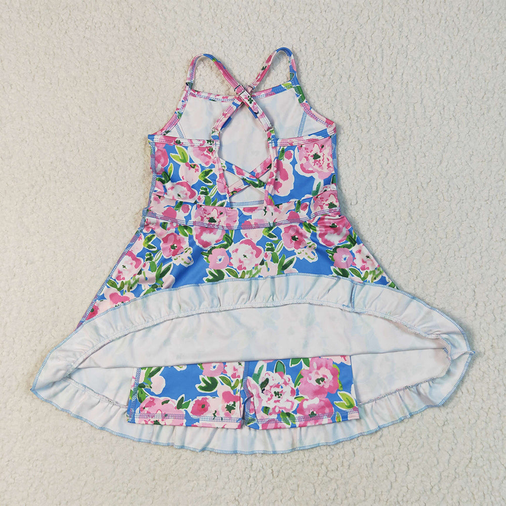 RTS NO MOQ （In stock）GSD2284 Baby Girls Summer Yoga Dress Baby Girls Blue Strap Colorful Floral Yoga Ruffle Knee Length Dresses