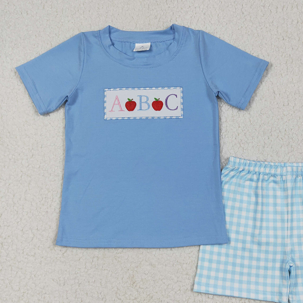 7.01 BSSO1331RTS NO MOQ Baby Boys Summer Boys Outfits Baby Boys Blue Embroidery Apple ABC Top Plaid Shorts Back To School Clothes Sets