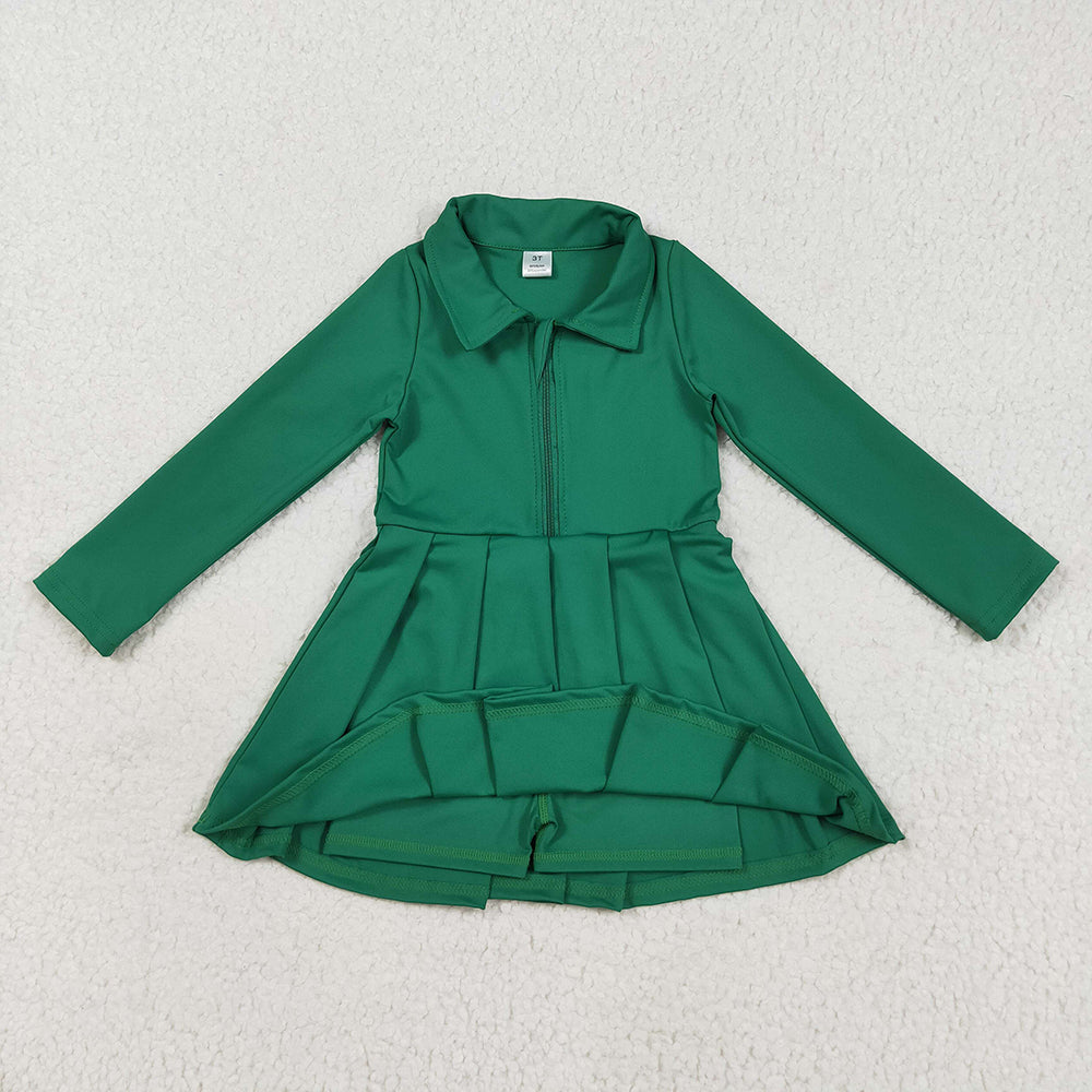 RTS NO MOQ （In stock）GLD1148 Baby Girls Yoga Dress Baby Girls Green Long Sleeves Zipper Yoga Athletic Knee Length Dresses